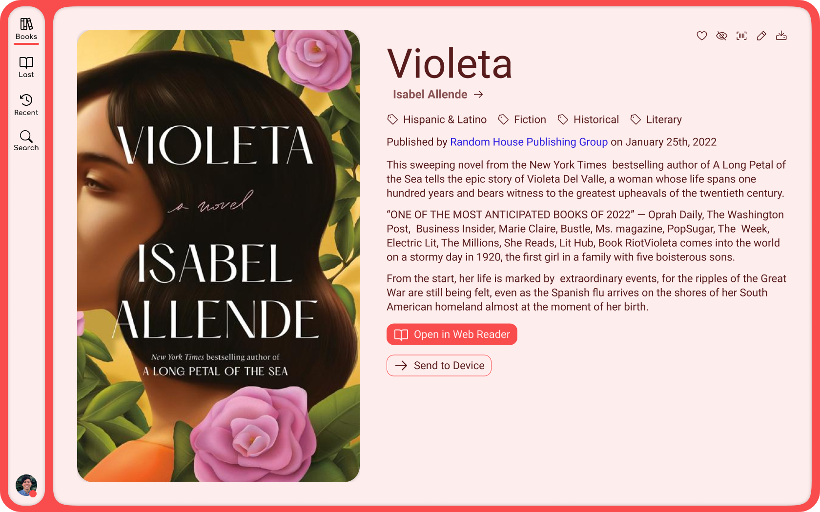 A mockup of the book page featuring a navigation bar on the left, a large image of the book in the center and a book information on the right.