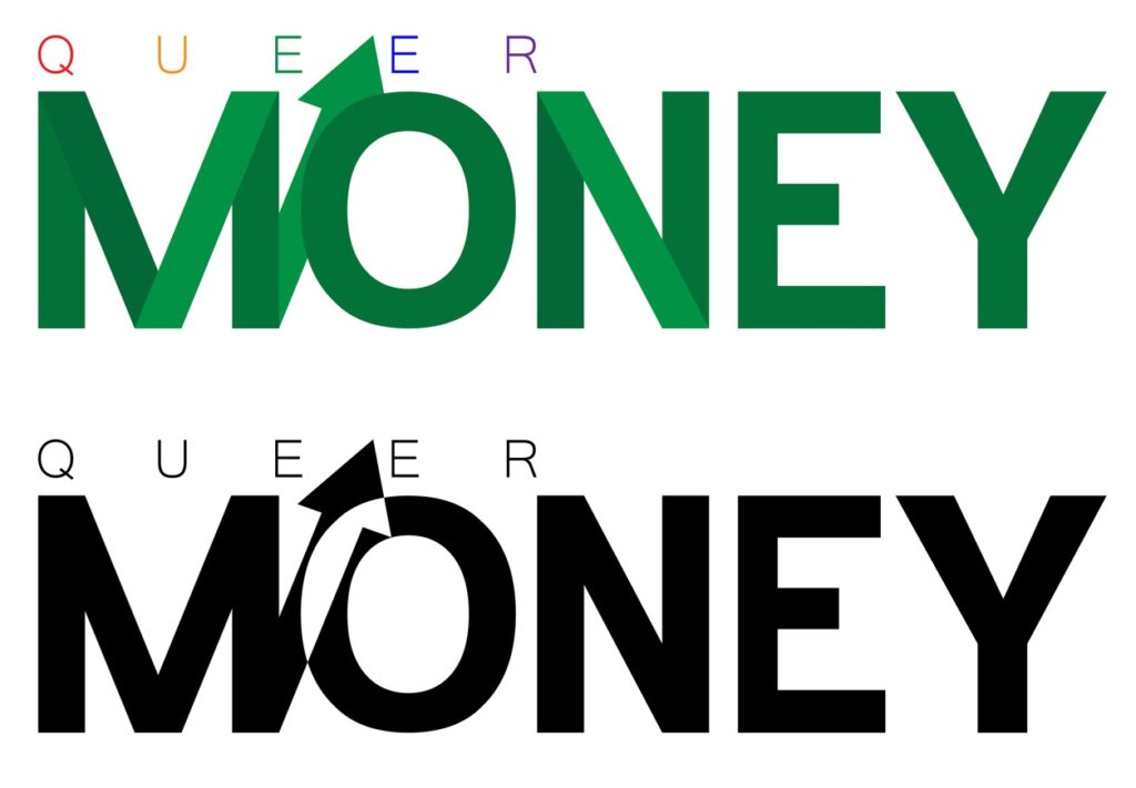 A concept logo for the Queer Money podcast with the word "Queer" up top in rainbow lettering, and "Money" below in green.