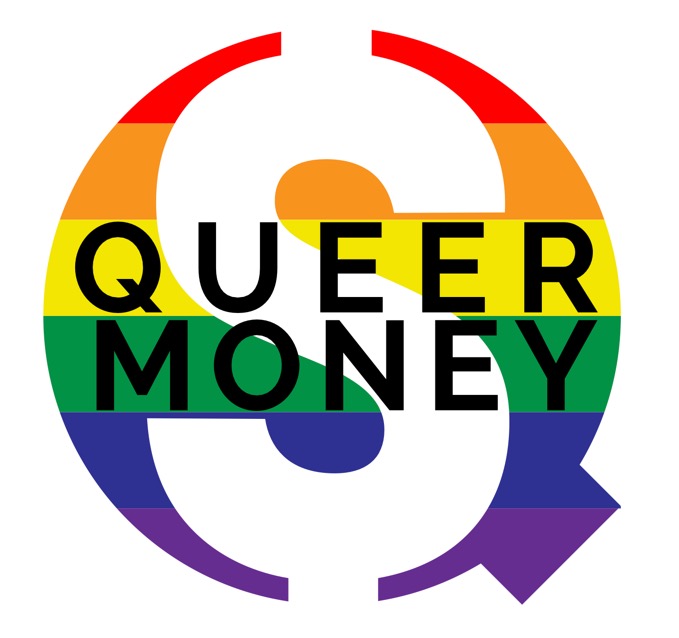 Another Queer Money podcast logo concept with a rainbow Q serving as the background and the words "Queer Money" in the foreground.