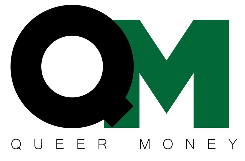 A third Queer Money concept with a large QM and the words "QUEER MONEY" underneath.